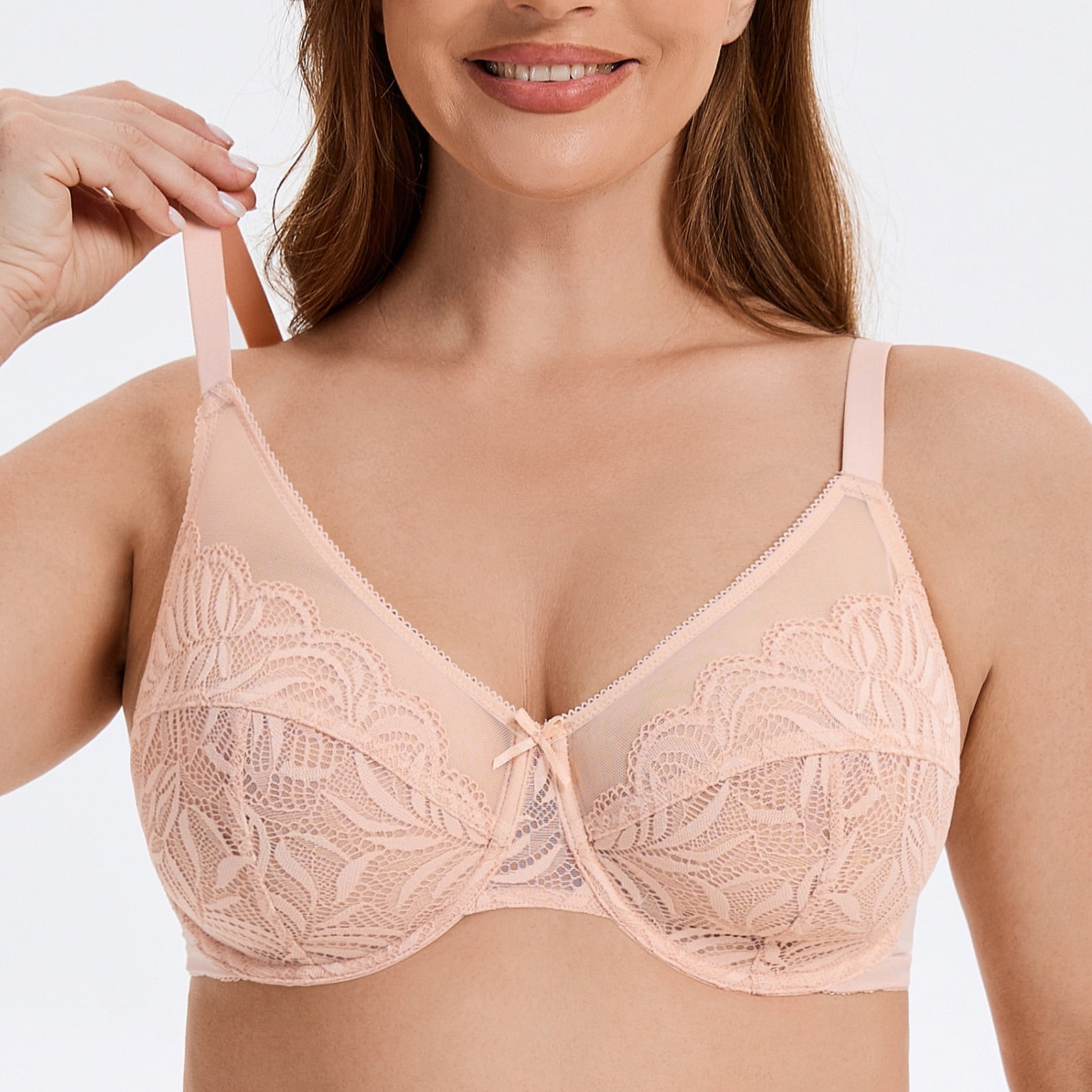 MELENECA Women's Minimizer Bras for Large Bust Underwire Plus Size Full Coverage Lace Bras Beige 36F