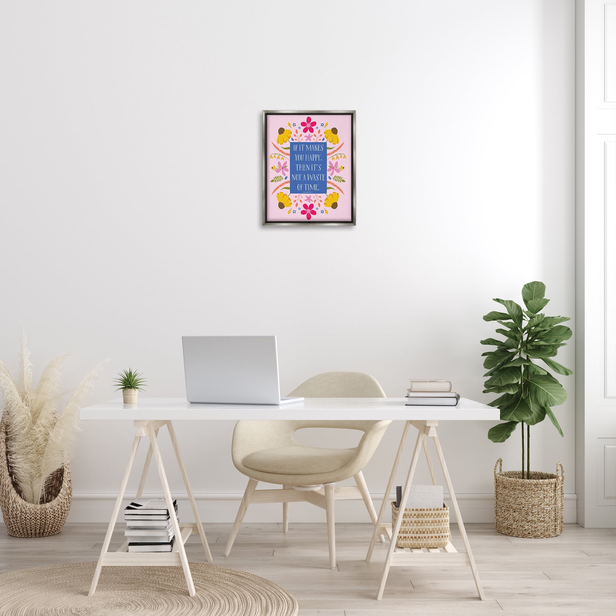 Stupell Industries Floral Makes You Happy Botanical & Floral Painting Gray Floater Framed Canvas Art Print Wall Art, 17 x 21