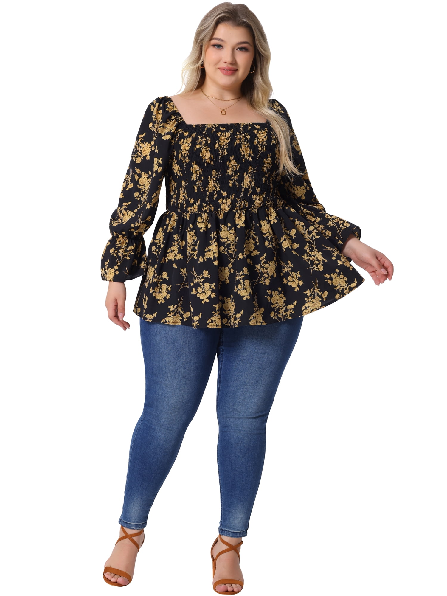 DARING DIVA Women's Plus Floral Print Square Neck Blouse 2X Black