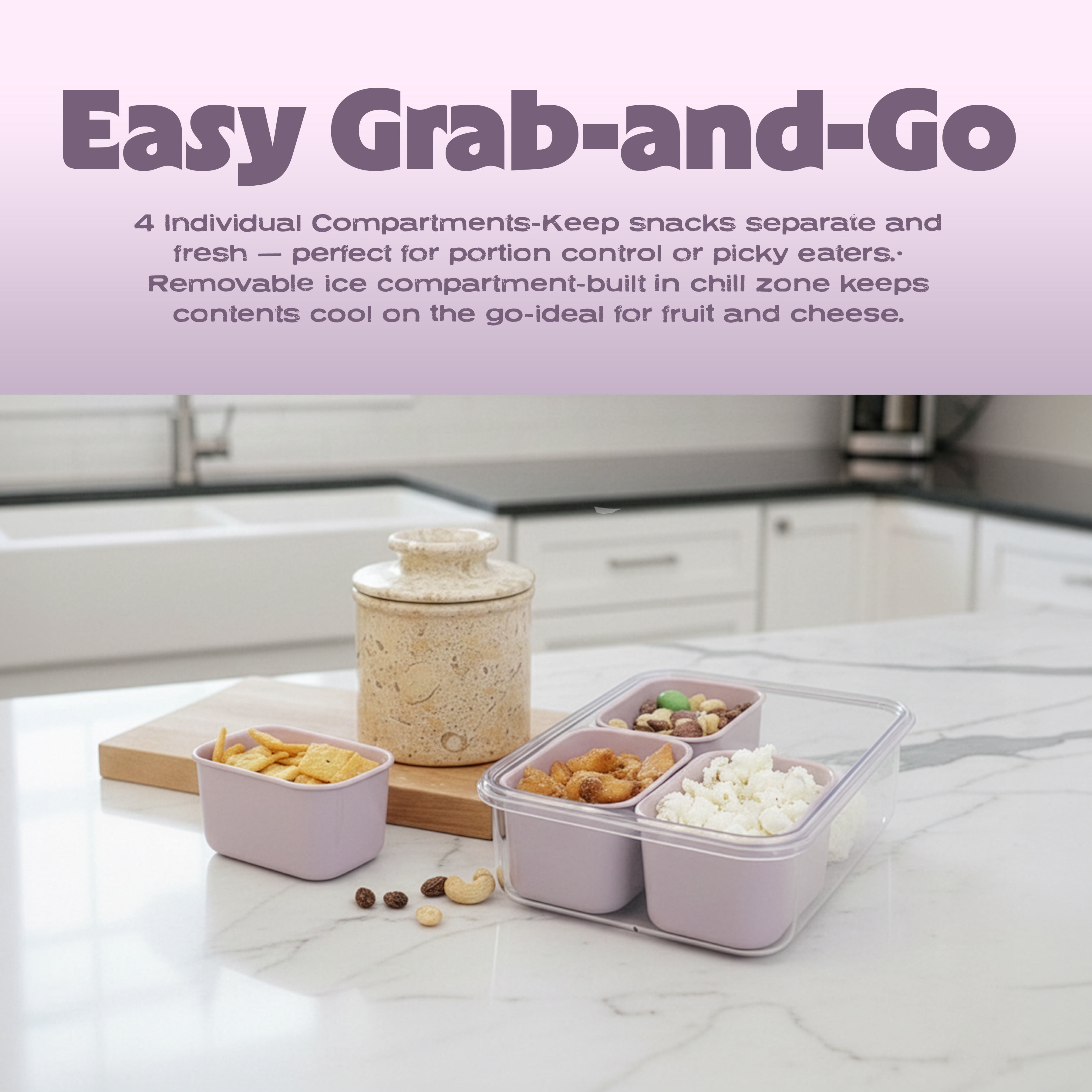 Cook with Color 4-Compartment Mini Snack Box Food Storage Carrier and Container, Charcuterie Container, Purple, Portable and Dishwasher Safe, Designed to Help with Packed Lunches and Daily Commutes
