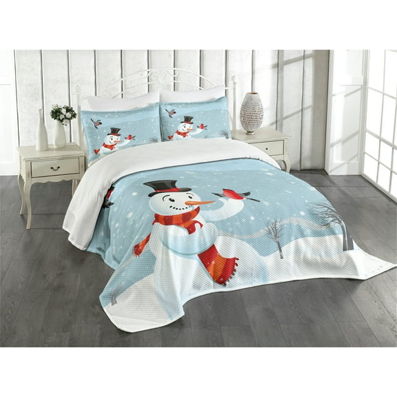 Ambesonne Snowman Quilted Bedspread Set 3 Pcs, New Year's Eve Birds, Queen Size, Multicolor