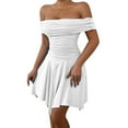 thumbnail image 3 of Women'S Off the Shoulder Mini Dress Ruffle Hem Ruched Corset Short Cocktail Party Dresses White XS, 3 of 9