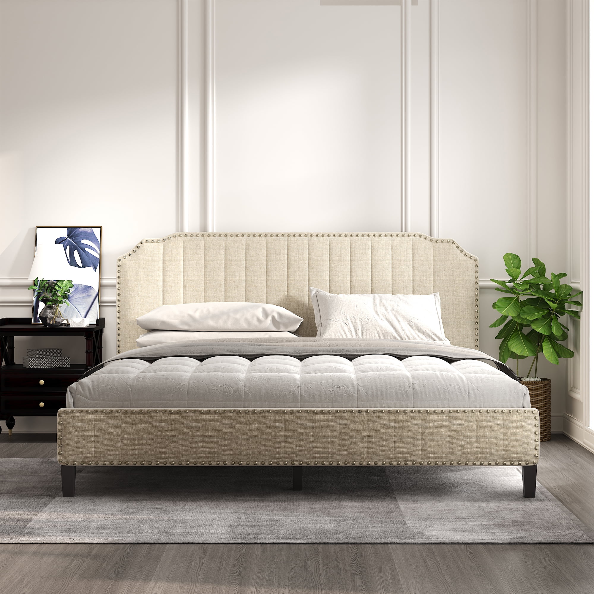 King Platform Bed Frame Modern Linen, Cream King Bed Frame