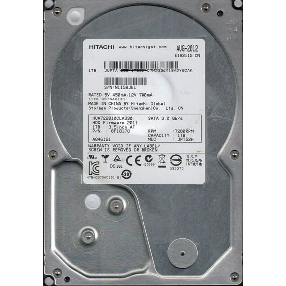 HUA722010CLA330 P/N: 0F18178 MLC: JPT52H MAC 655-1783B Hiatachi 1TB