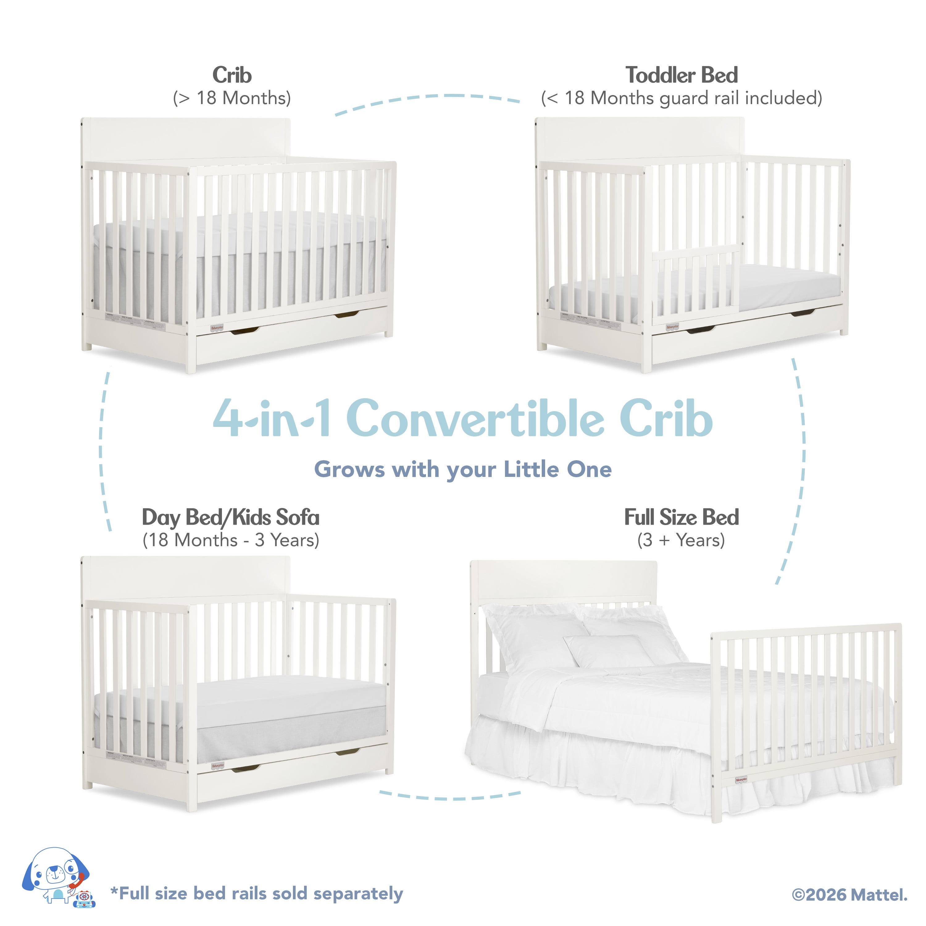 Fisher-Price Meadowbrook 4-in-1 Convertible Baby Crib with Drawer by Dream On Me, Cannoli Cream