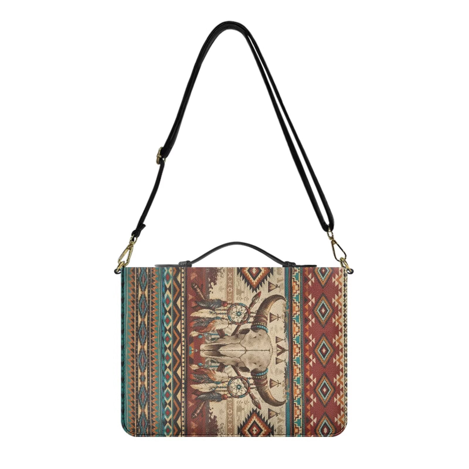 Kuiaobaty Aztec Skull Print Bible Case with Leather Bookmark Dream Catcher Print Bible Cover Case with Handle Zippered Carrying Book Bag Set for Women Men Church, Brown