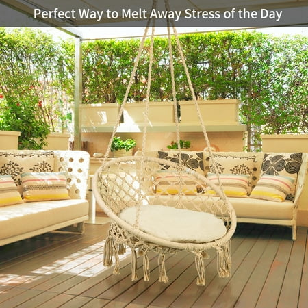 Hanging Round Hammock Hilitand Swing Hammock Chair with Cushion Indoor/Outdoor Hanging Relax Round Net Web Swing Great for Tree, Swing Set, Backyard, Playground, Playroom, 300 Pound Capacity ()