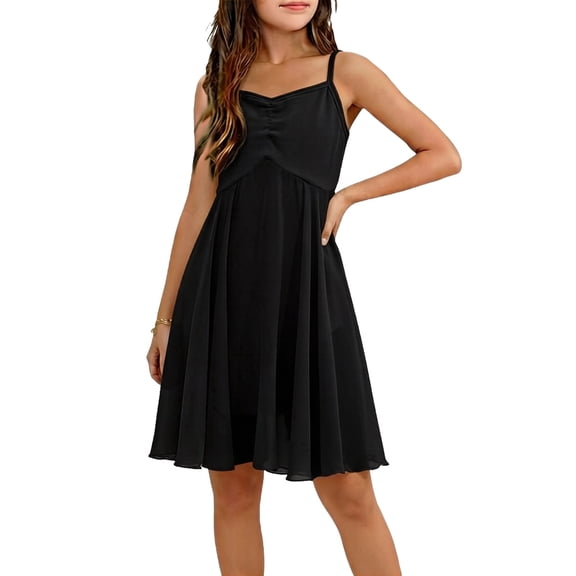 CIAKGIAF Big Girls Dresses Casual Dance Clothes Halter Comfortable Round Neck Summer Sleeveless Dresses Black for 3-14Y