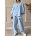 thumbnail image 6 of Womens Cotton Linen 2 Piece Sets V Neck Button Down Long Sleeve Shirt Wide Leg Trouser Sets with Pockets Light Blue 5XL, 6 of 7