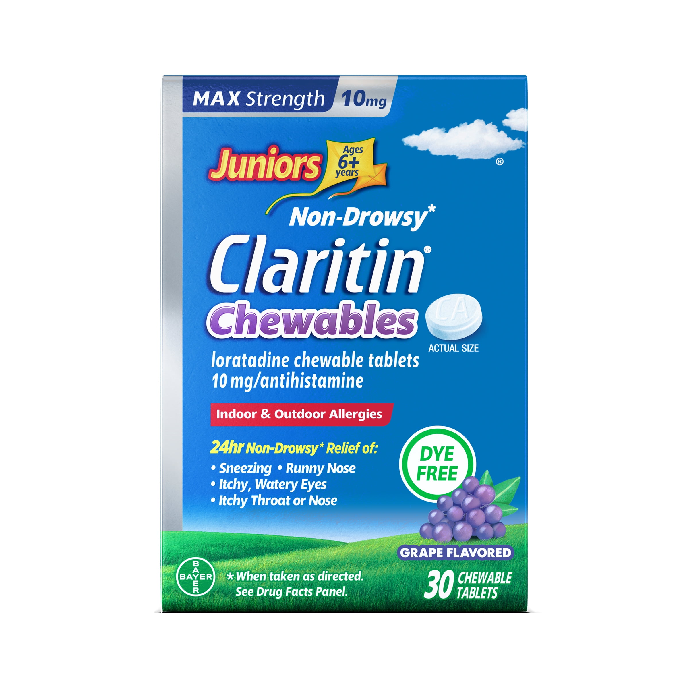 (3 pack) CLARITIN Juniors Max Strength 24hr. Chewable 10mg. Grape 30ct