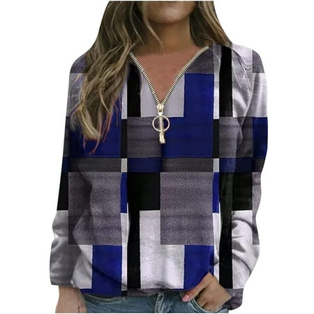 JSGEK Women Casual Zipper Pullover V-Neck Geometric Print Sweatshirts Tops Long Sleeve