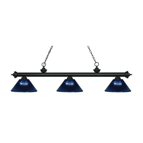 -3 Light Island/Billiard in Billiard Style-14.25 inches Wide By 14.25 inches High-Matte Black Finish-Dark Blue Glass Color Bailey Street Home