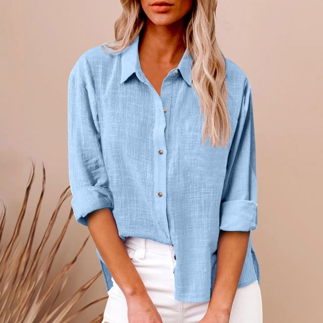 AherBiu Plus Size Women Button down Tops Long Sleeve Lapel Collar Linen Tops Fall Casual Solid Color Cotton Blouses