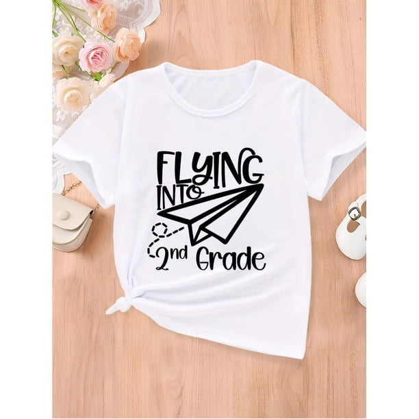 "Flying Into 2nd Grade" Letter & Graphic Print Creative T-Shirts, Soft & Elastic Comfy Crew Neck Short Sleeve Tee, Girls' Summer Tops