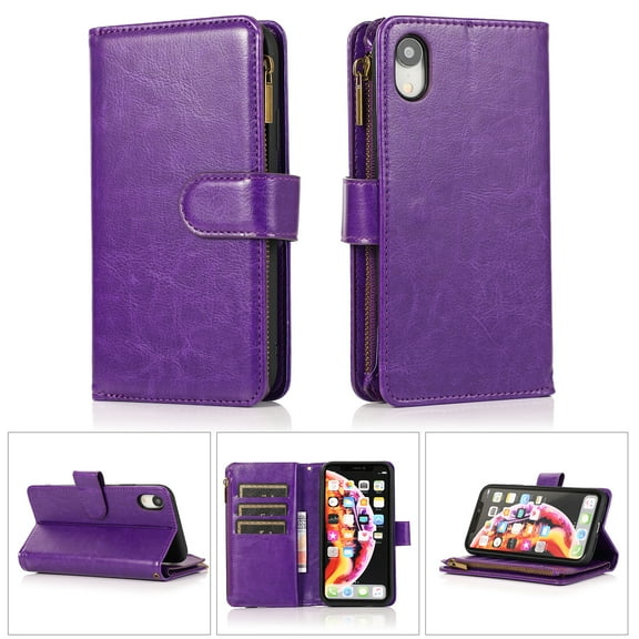 Allytech iPhone XR Wallet Case 6.1", 9 Cards Holder Zipper Wallet Case for Women Men Shockproof Hand Strap Full Protective Flip Stand Case Cover for Apple iPhone XR - Purple