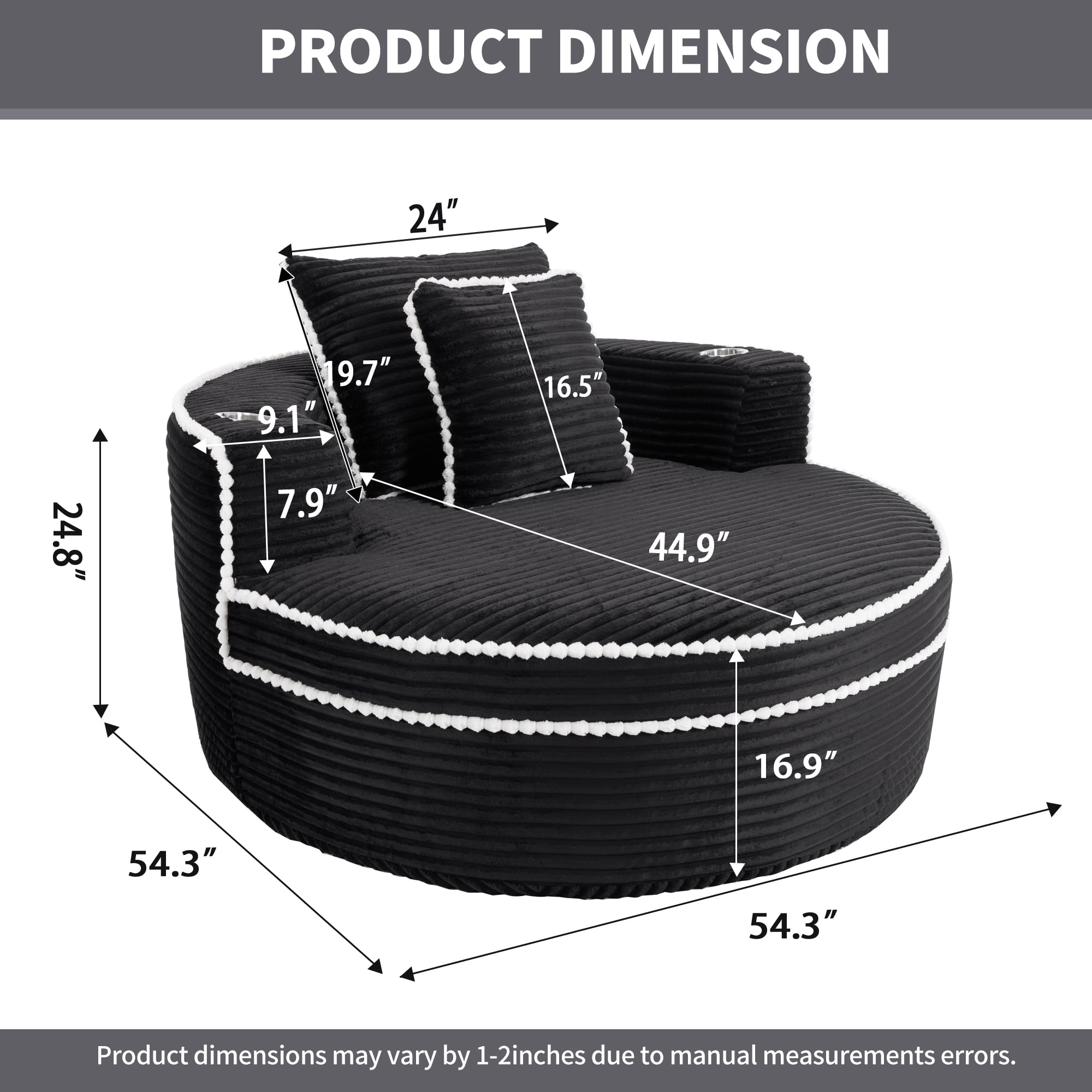 Leumius Oversized Round Chaise Lounge Chair Indoor, Upholstered Sofa Bed With Deep Seat and Cupholders,Cozy Boneless Chaise with High Density Memory Foam for Living Room,No Assembly,Black
