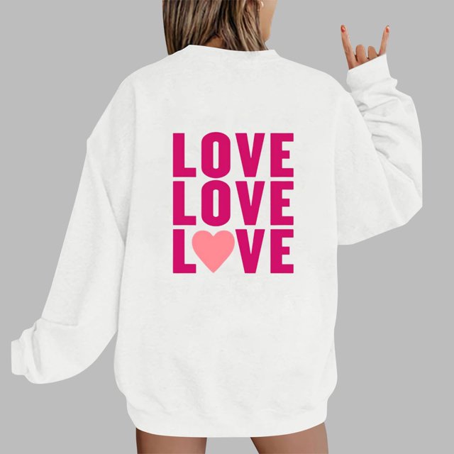 Jsaierl Sweatshirts à Manches Longues pour Femmes Saint-Valentin Mignons Cœur Graphique Tops Imprimé Lettre Pullovers Surdimensionnés Décontractés Col Rond Ample