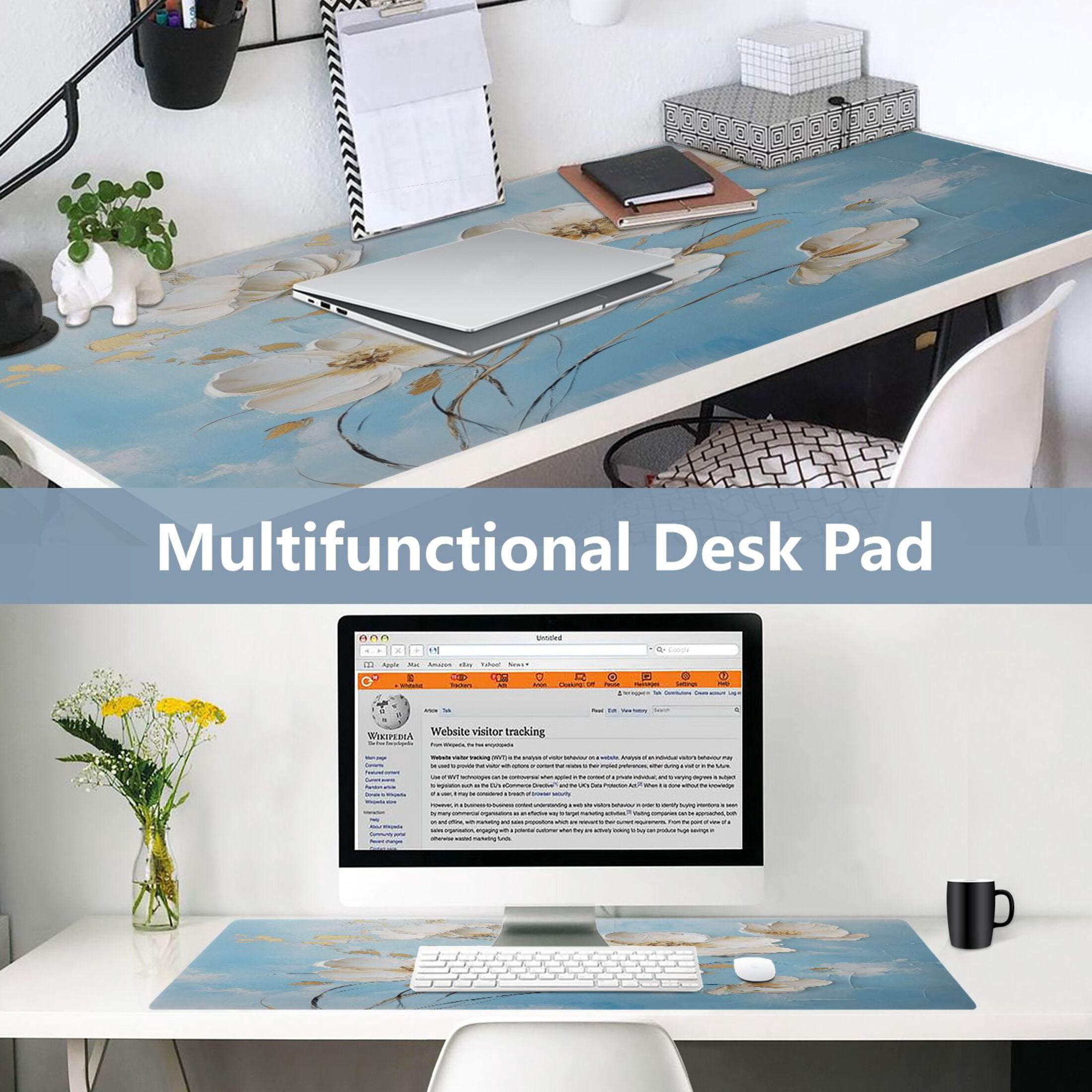 Leather Keyboard and Mouse Desk Mat Office Desk Accessories Protective Office Desk Decor Desk Pad Mat for Gaming, Work from Home, Office Elegant White Flowers 23.6" x 47.2"