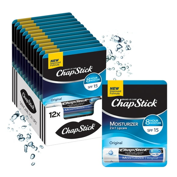 ChapStick Hydratant Original pour les Lèvres Hydratation et Protection Solaire 2-en-1 Formule.15 oz 12 Pack