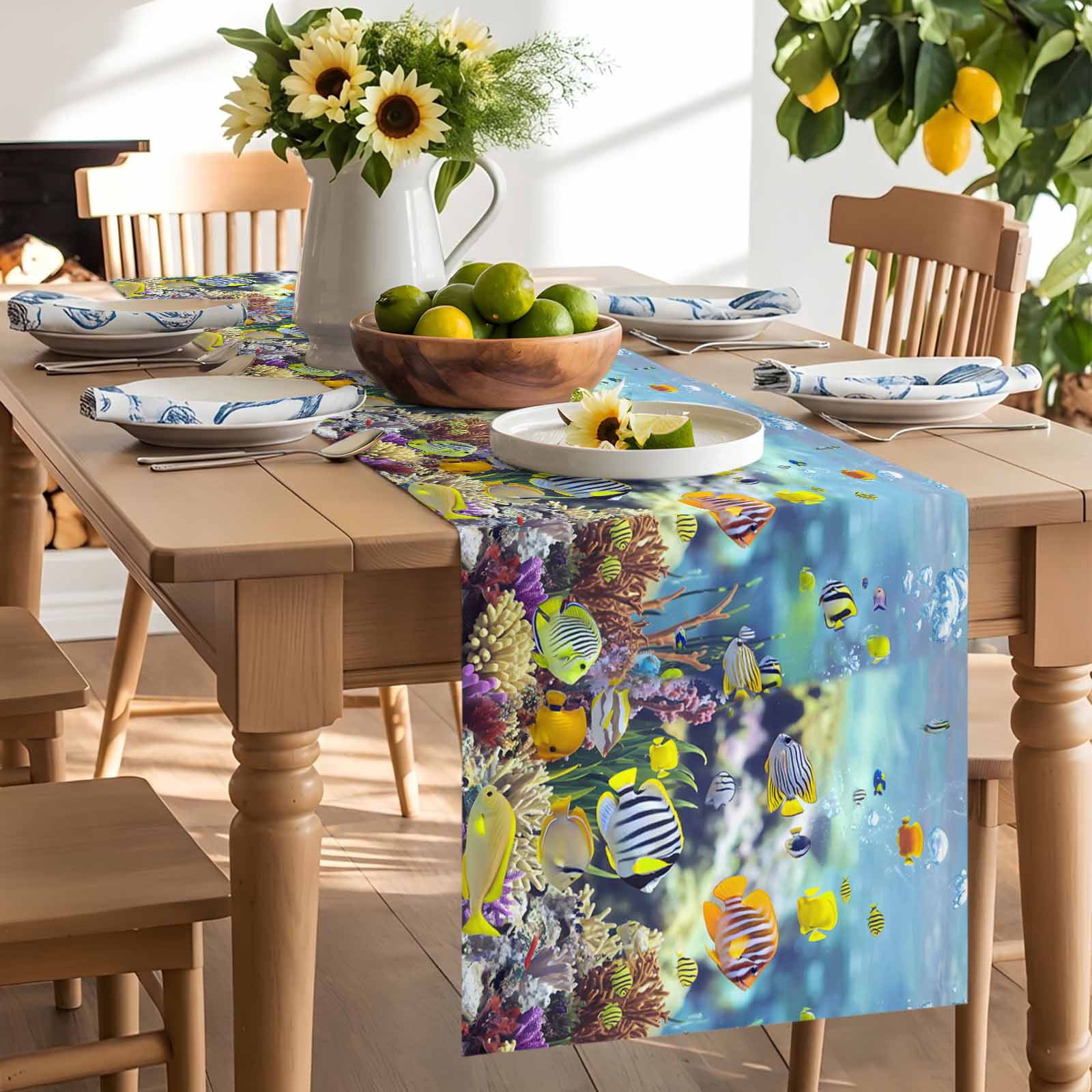 Sea Fish Coral Seaweed Table Runner 90 Inches Long, Summer Blue Ocean Table Runners Tabletop Scarf Kitchen Dining Tables Decoration for Home Party Indoor Outdoor