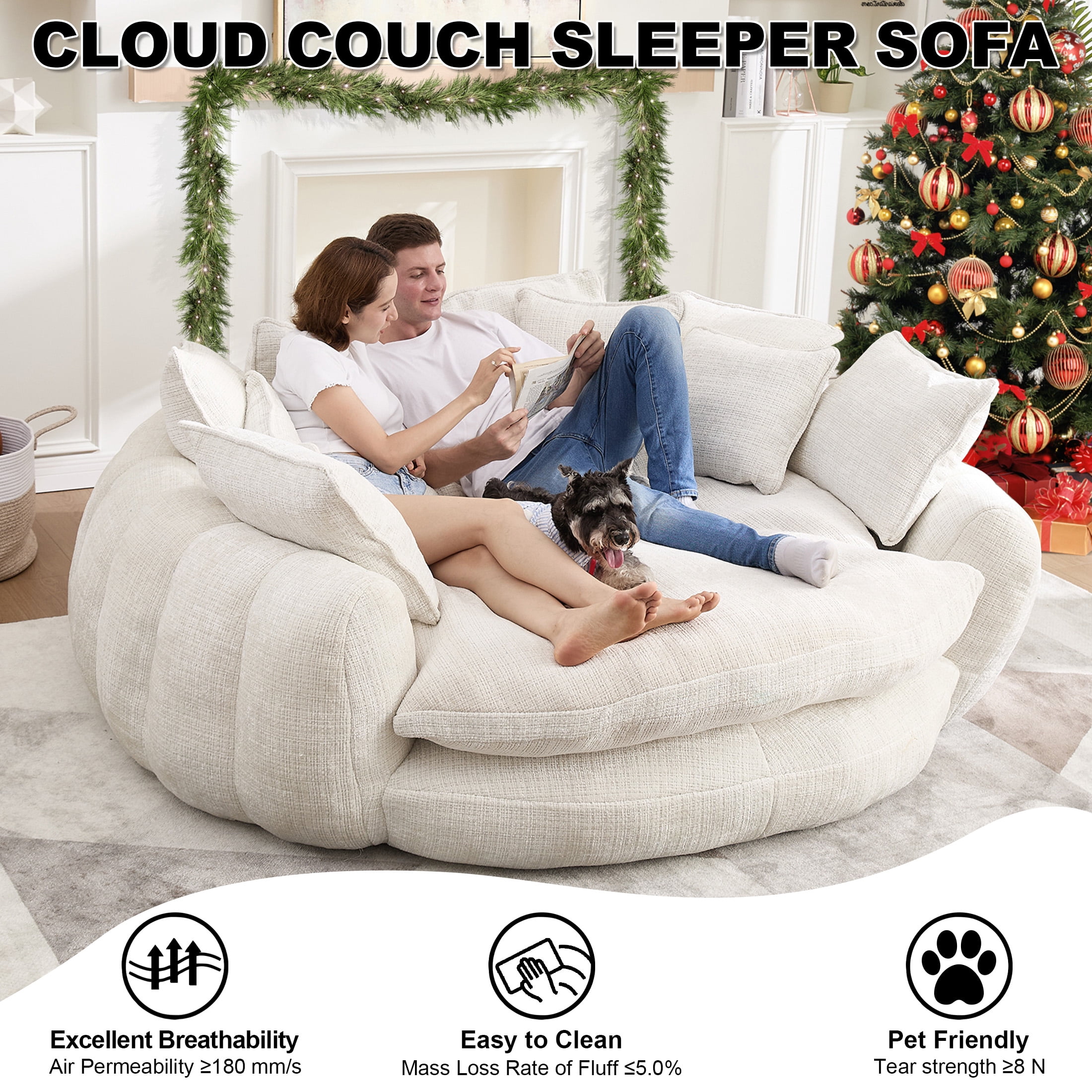 Aukfa 81.1" Oversized Cloud Couch Sleeper Sofa with Round Chaise Lounge, Modern Chenille Upholstered Boneless Sofa with Memory Foam and 14 Pillows, Beige