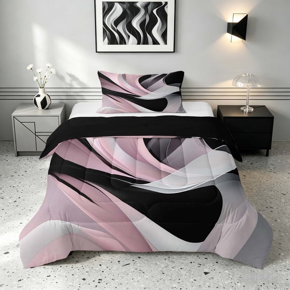Manfei Contemporary Abstract Twin Comforter Sets, Watercolor Aesthetic Bedding Set, Pink, Black and Gray, Black Reversible 2pcs, 1 Comforter and 1 Pillowcase