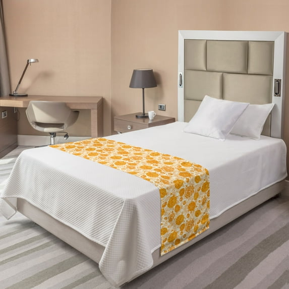 Floral Bed Runner, Vibrant Illustration of Different Blossoming Flowers in Tangerine Tones, Decorative Accent Bedding Scarf for Hotels Homes and Guestrooms, Twin, Marigold and Cream, by Ambesonne
