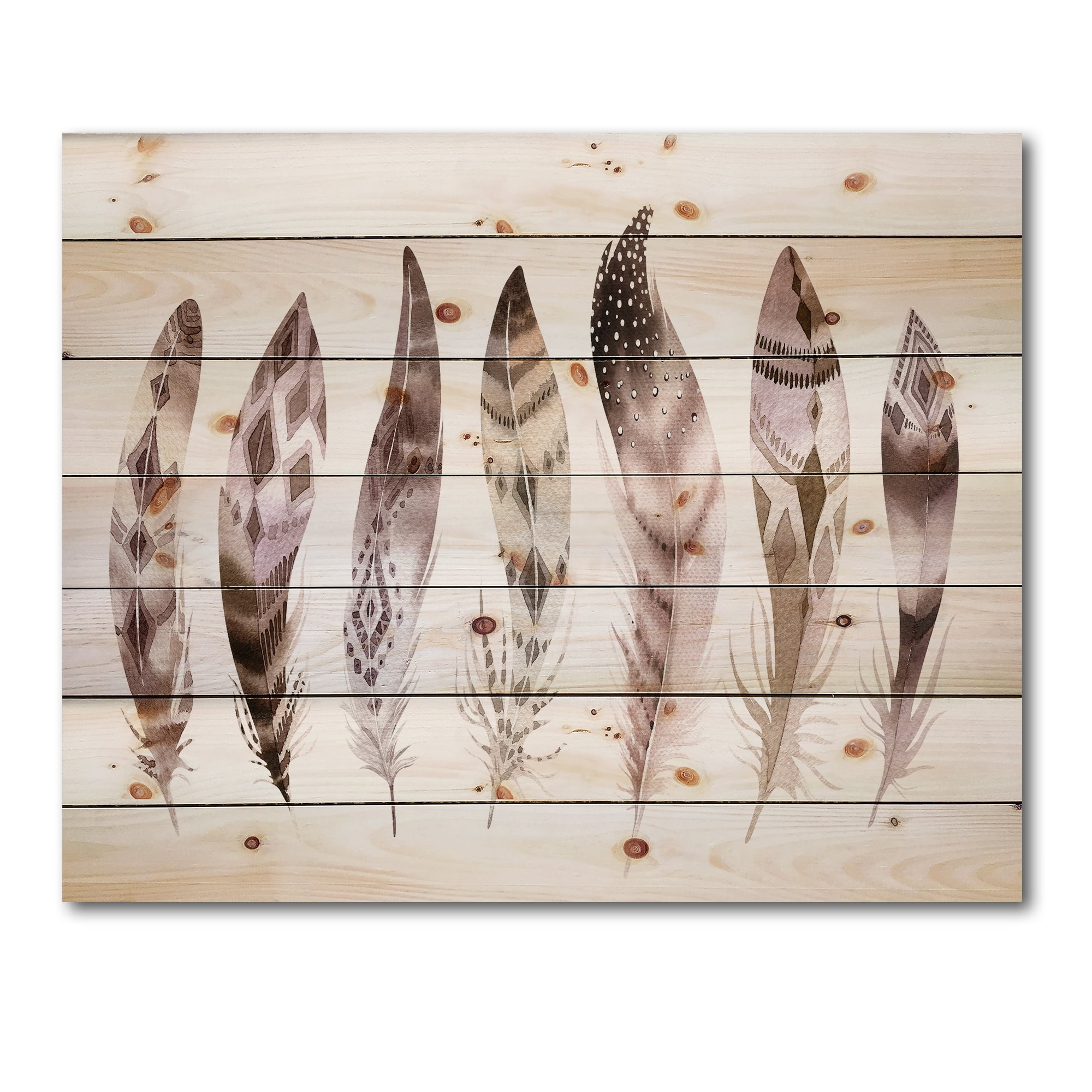 Designart 'Colourful Boho Art Feather Set X' Bohemian & Eclectic Print on Natural Pine Wood