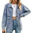 thumbnail image 2 of SWSMCLT Women's Jean Jacket Soft Light Washed Spring Button Down Oversized Baggy Collared Pocket Denim Jacket Loose Fit Classic Fall Top Long Sleeve Blue Large, 2 of 5