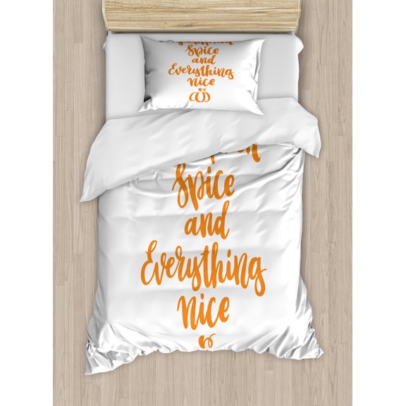 Pumpkin Spice Duvet Cover Set Twin Size, Tangerine Tones Funny Cursive Calligraphy Drawing on Plain Background, Decorative 2 Piece Bedding Set with 1 Pillow Sham, Marigold and White, by Ambesonne