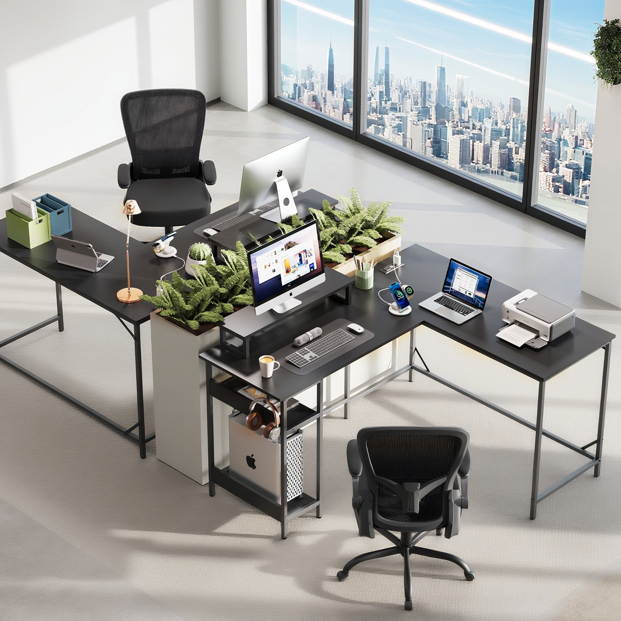 GALAXHERO 55 Inch L Shaped Gaming Desk with LED Lights & Power Outlets, Corner Desk for Small Spaces, Sturdy PC Computer Table with Storage for Home Office, Black