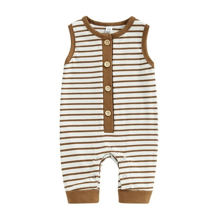 

Infant Baby Boys Romper Stripe Sleeveless Crew Neck Buttons Snap Closure Jumpsuits Summer Bodysuits