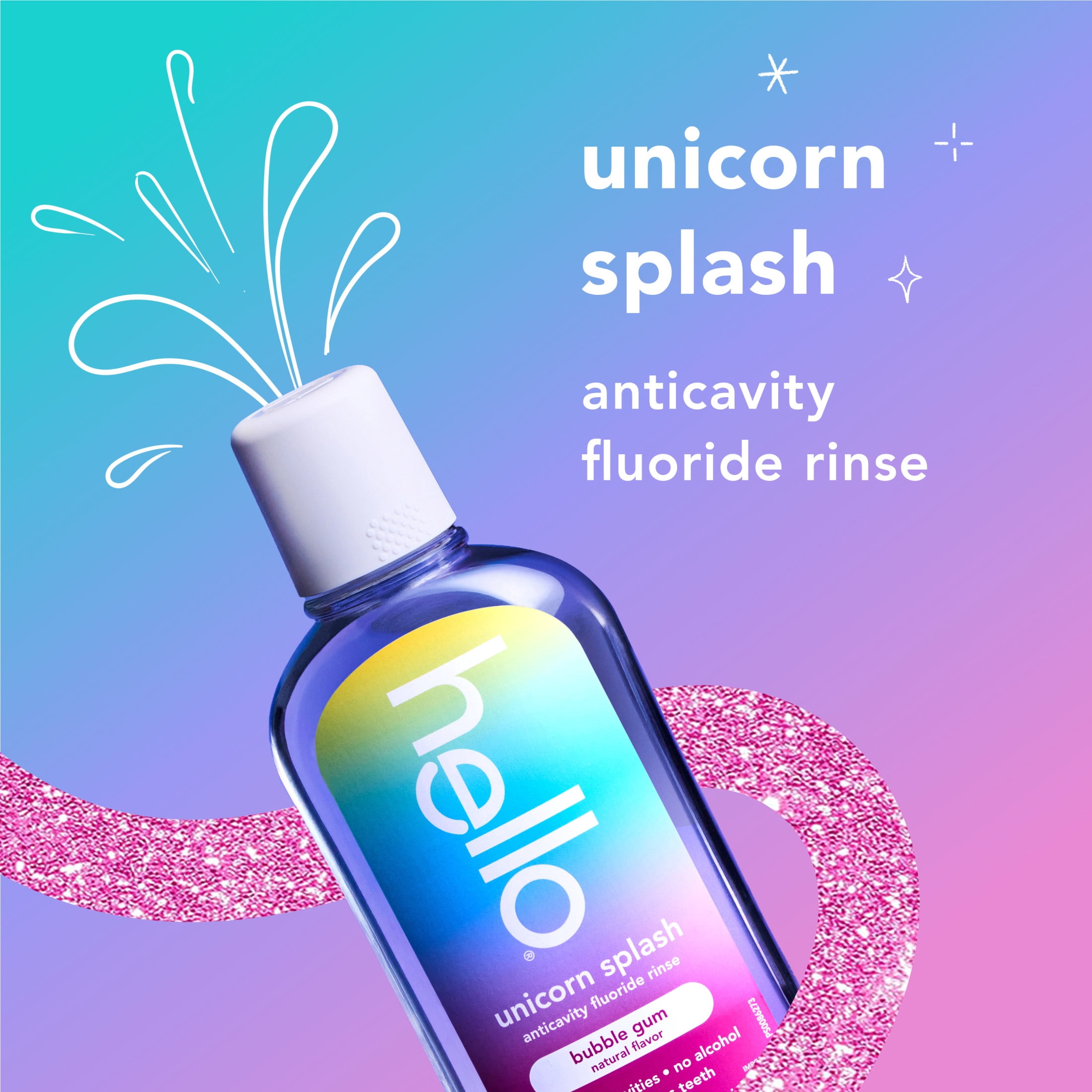 hello Unicorn Splash Kids Mouthwash with Fluoride, Bubble Gum Natural Flavor, 17.6 fl oz