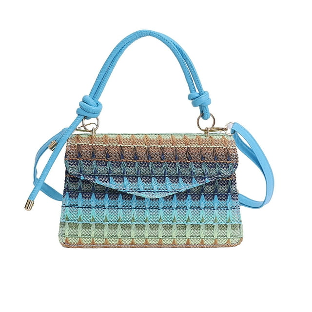 WLOELOEW Mini Straw Woven Crossbody Bag For Women Contrast Color Stripes Shoulder Bag Lightweight Handbag In Light Blue Color Plastic Material Light Blue