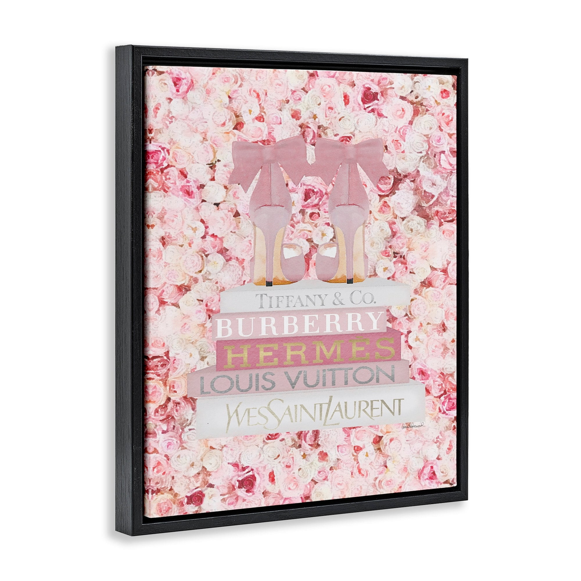Stupell Industries Pink Fashion Heals with Glam Books and Rose Details Jet Black Framed Floating Canvas Wall Art, 16x20, by Amanda Greenwood