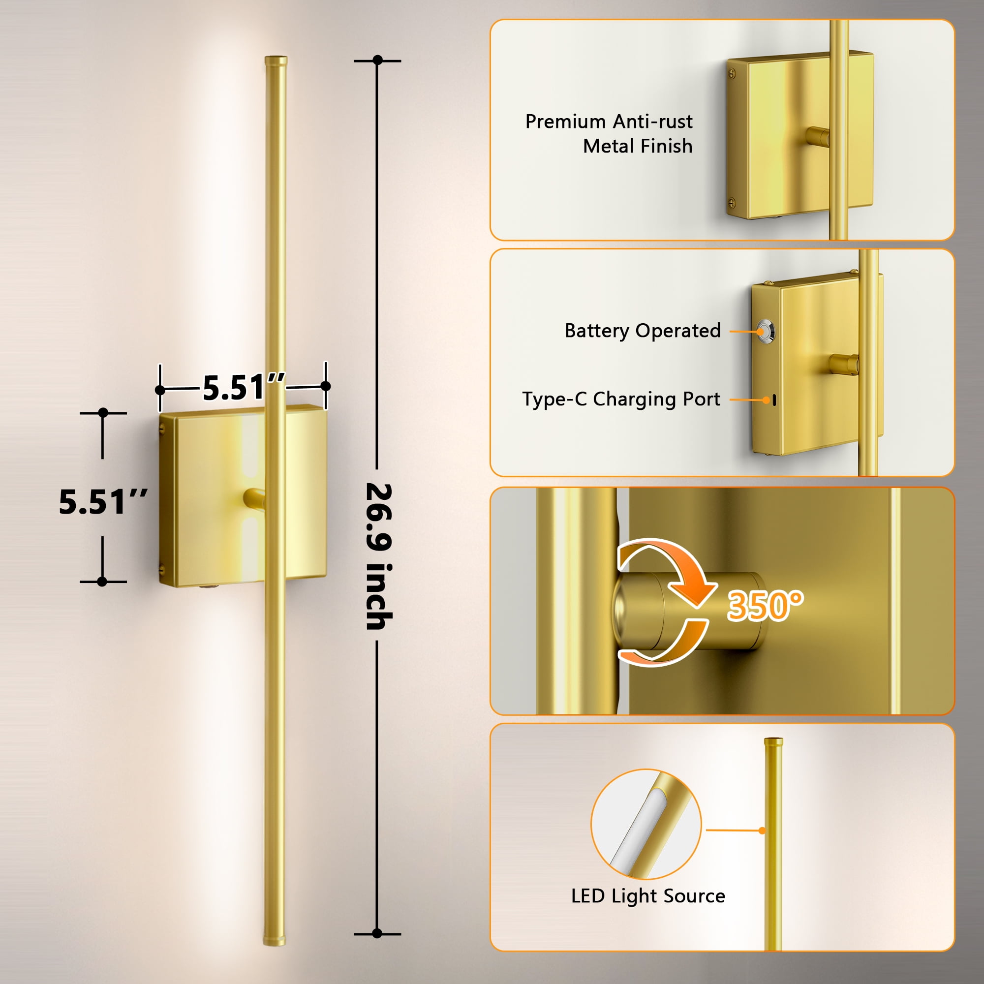 HOYOFOL Touch Light Cordless Wall Sconces, LED Rechargeable Lamp with Remote Control, Gold (2 Pack)