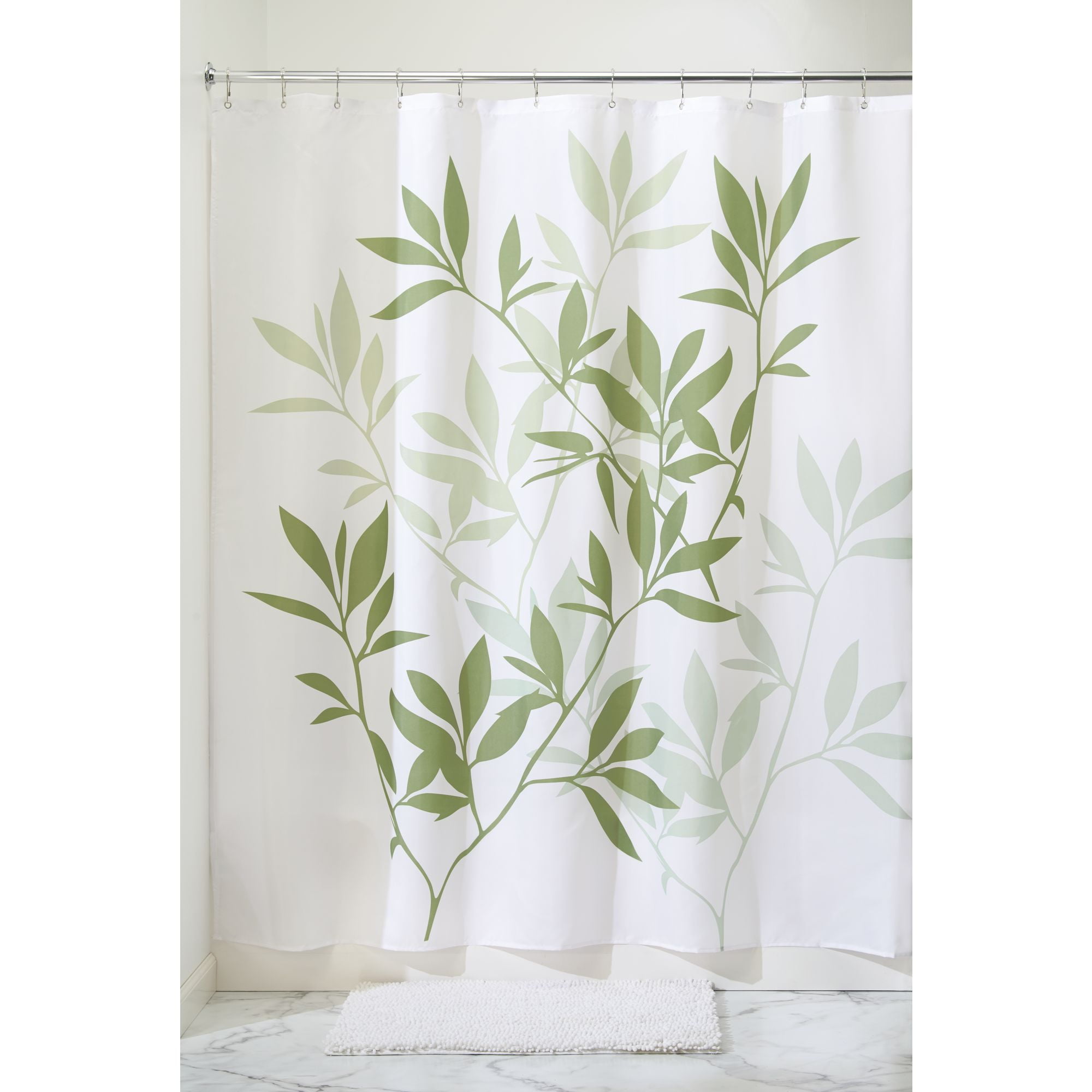 iDesign Botanical Polyester Leaves Shower Curtain, White/Green