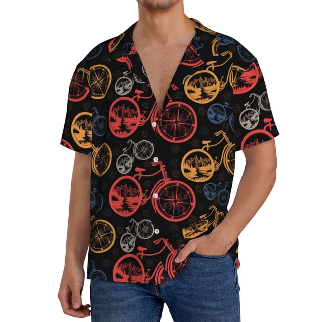 Fotbe Compass And Mountains In Bicycle Wheels1 Camisa Estampada de Manga Corta para Hombre, Casual de Verano, Estilo Playero, Sin Arrugas-Large