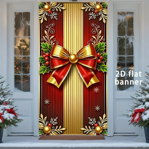Virelaxpo Red and Gold Christmas Door Curtain with Bow and Snowflake Patterns, Printed Santa Design for Indoor Outdoor Festive Front Door Decor