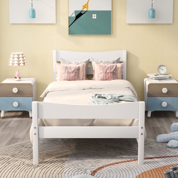 Twin Size Wood Platform Bed with Headboard and Wooden Slat Support