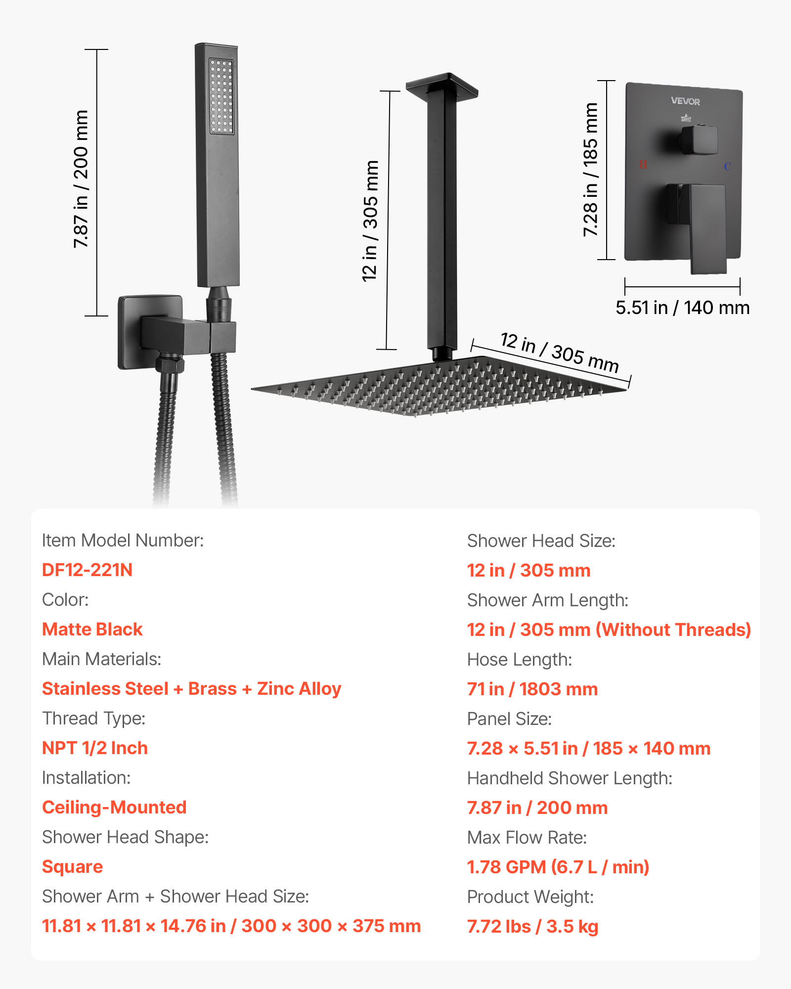 VEVOR Shower Faucet Set, Rainfall Bathroom Shower System with 12-Inch Square Rain Shower Head and Handheld Spray, Ceiling Mount Bath Fixtures with Brass Valve and Trim Kit, Matte Black