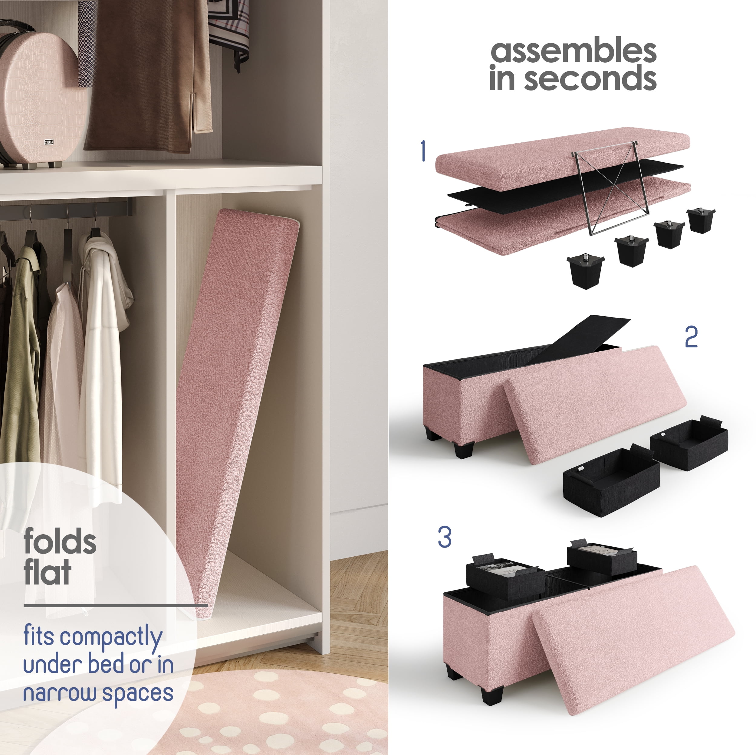 Hearth & Harbor Storage Ottoman Bench, Boucle 43" Ottoman with Storage , Pink