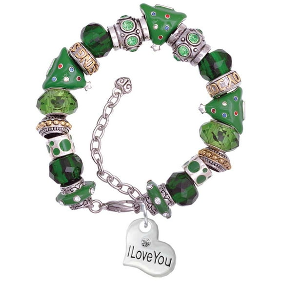 Silvertone Large I Love You Heart Green Christmas Bead Bracelet