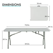 6 Foot Folding Table with Carrying Handle, plastic fold table, with Sturdy Steel Frame for Indoor Outdoor Camping, Picnic and Party, White