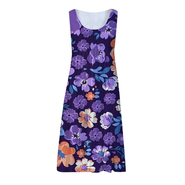 BEEYASO Clearance Summer Dresses for Women Sleeveless Sheath Knee Length  Holiday Floral Round Neckline Dress Dark Purple 4XL 