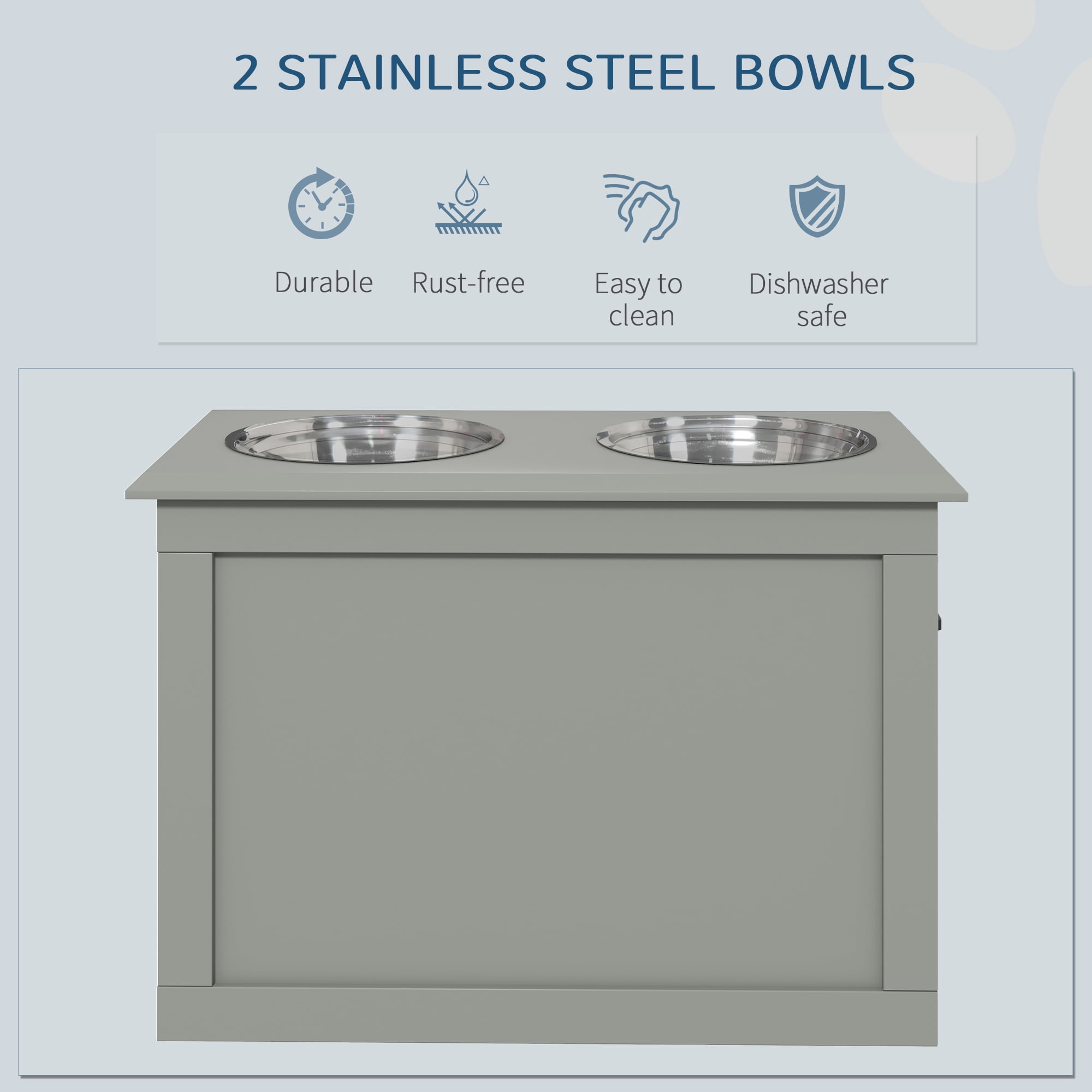 PawHut Raised Bowl Dog Feeder with 2 Steel Bowls and Storage, Gray