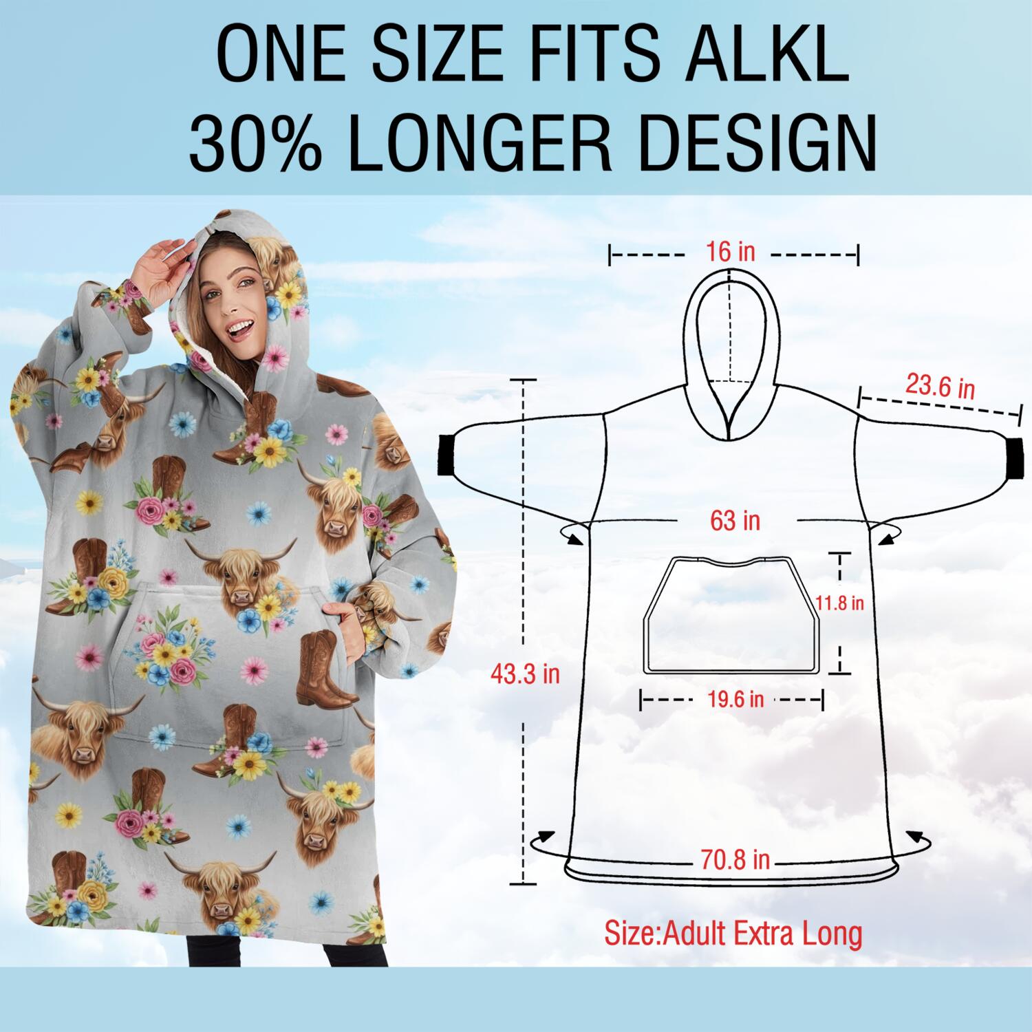 Oversized Wearable Blanket Hoodie,Gray Highland Cow Flower Boot Pattern Sherpa Blanket Hoodie with Super Pockets,Super Warm Fuzzy Pullover for Women & Men