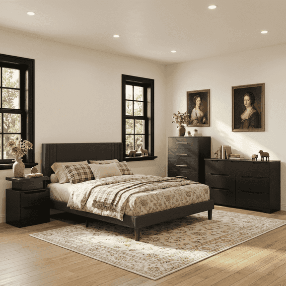 4-Piece Bedroom Furniture Set, FULL Bed Frame with Wingback Headboard, USB Charging Nightstand with LED Lights, Tall 5-Drawer and Wide 6-Drawer Dresser with Anti-Tip Safety - Dark Gray & Black