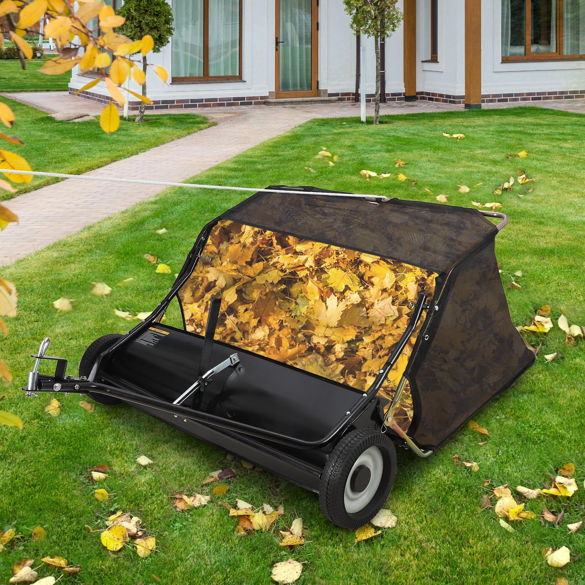 Heavy Duty Tow Behind Lawn Sweeper, 48-Inch Wide Collector, Adjustable Height, Easy Dump Rope, Push Mower Attachment for Yard Lawn Cleanup