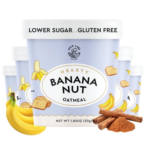 Mylk Labs Banana Nut Protein Oatmeal Cups, Whole Grain, Low Sugar, High Fiber Breakfast with Superfoods, Quick & Easy, On the Go, Instant Oatmeal, Rolled Oats, Gluten Free, Vegan, Nut Free, 6 Pack